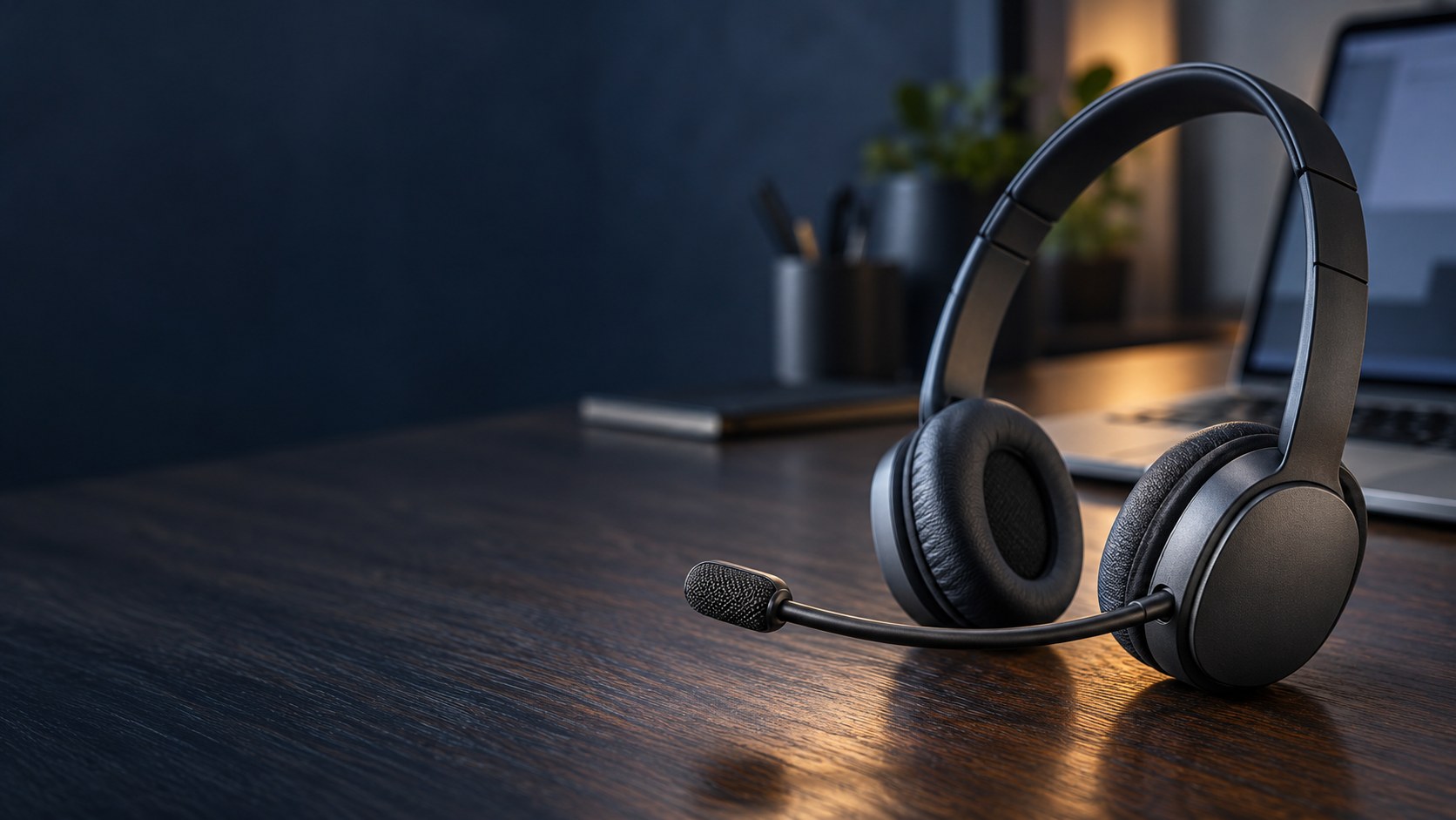 Ein generisches dunkles Büroheadset mit Bügelmikrofon steht auf einem Holzschreibtisch, dahinter ist ein Notebook unscharf zu sehen.