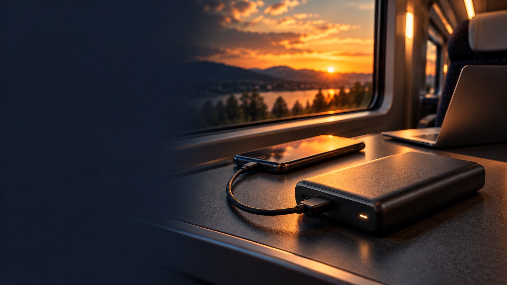 Unbeschriftete Powerbank mit angeschlossenem Handy auf einem Zugtisch im Abendlicht; ein Notebook steht im Hintergrund.