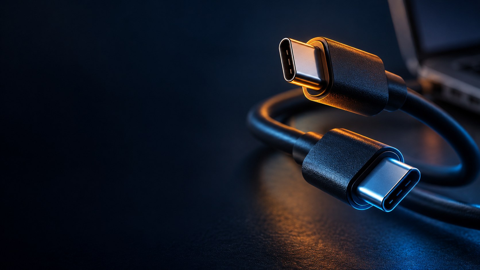 Zwei große, unbeschriftete USB-C-Stecker im warmen und kühlen Licht vor dunklem Hintergrund.