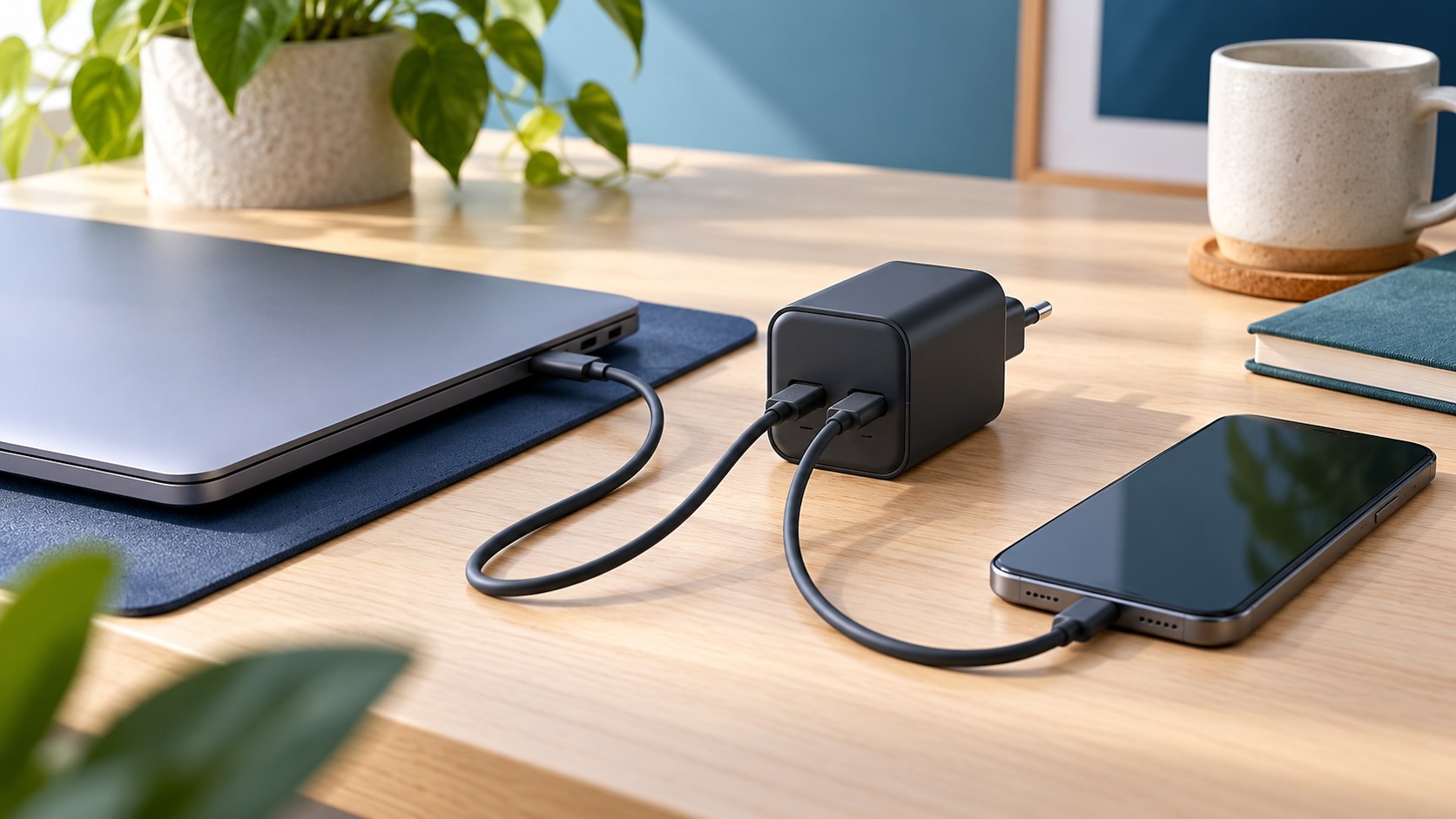 Notebook, Smartphone und ein USB-C-Ladegerät mit zwei angeschlossenen Kabeln auf einem hellen Schreibtisch.