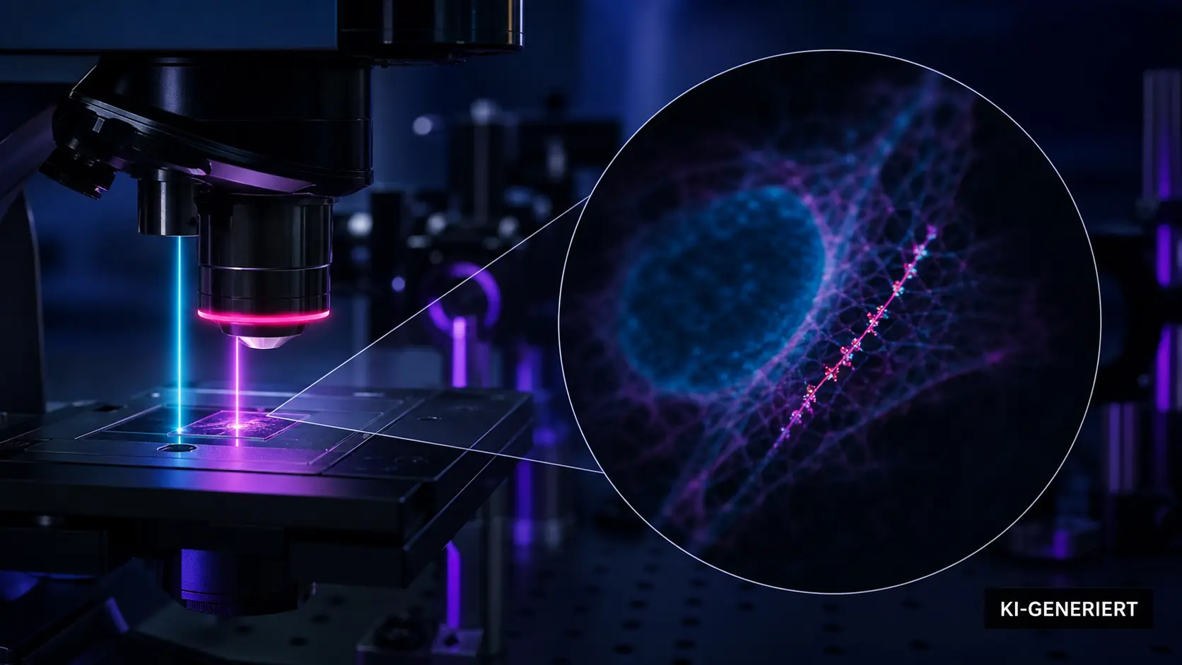 Fluoreszenzmikroskop mit blau-violetten Lichtstrahlen und vergrößerter Zellstruktur