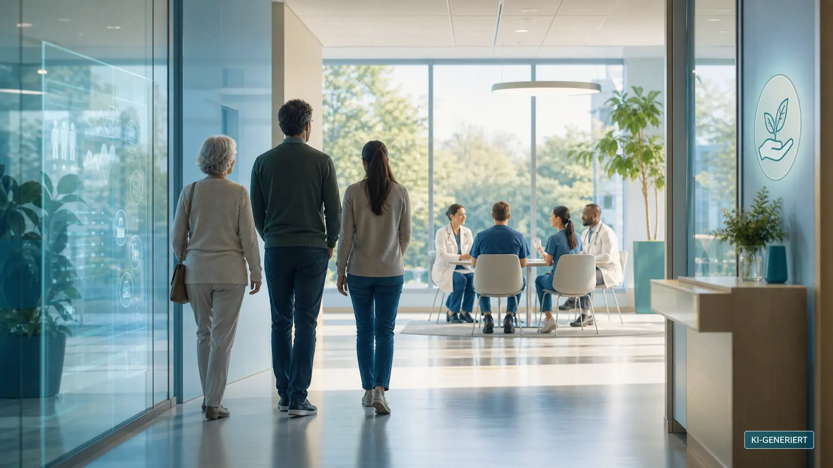 KI-generierte ruhige redaktionelle Szene aus modernem Klinikflur, digitaler Versorgung und mehreren Generationen; sichtbar mit KI-GENERIERT gekennzeichnet.