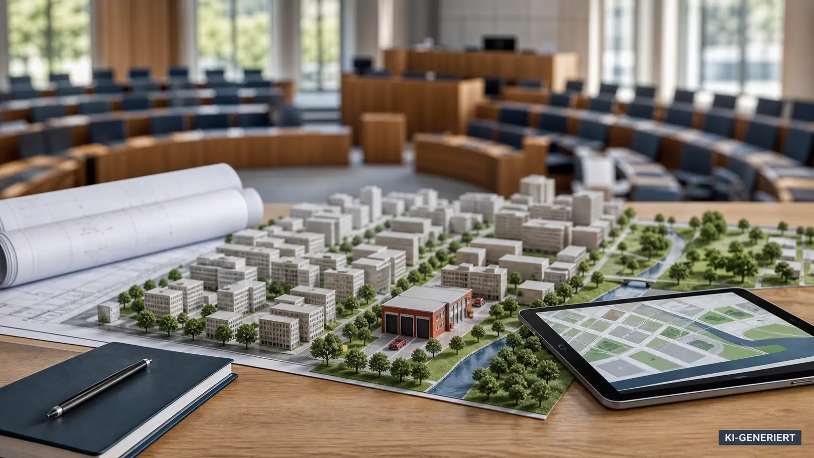 KI-generierte ruhige redaktionelle Szene mit Stadtmodell, Bauplänen und neutralem Parlamentsraum; sichtbar KI-GENERIERT.