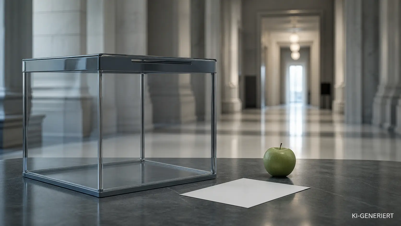 KI-generiertes ruhiges Symbolbild mit leerer Wahlurne und Gerichtskorridor