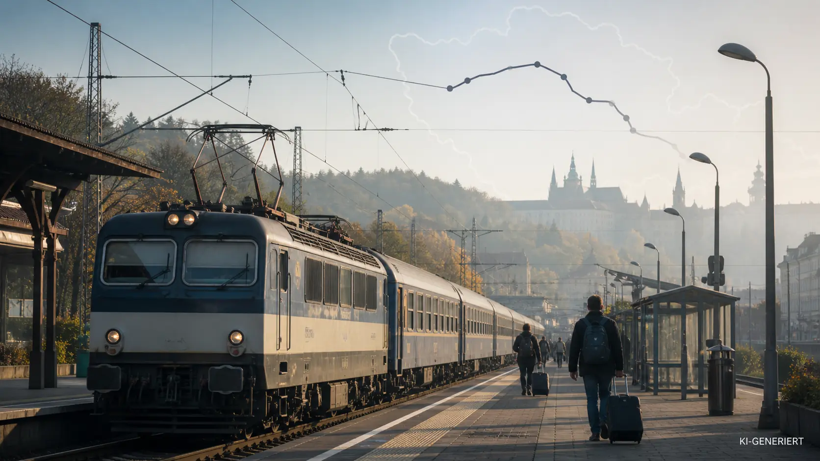 Fernzug in einem mitteleuropäischen Bahnhof bei Abendlicht als Symbol für die neue Direktverbindung Frankfurt–Prag; KI-GENERIERT.