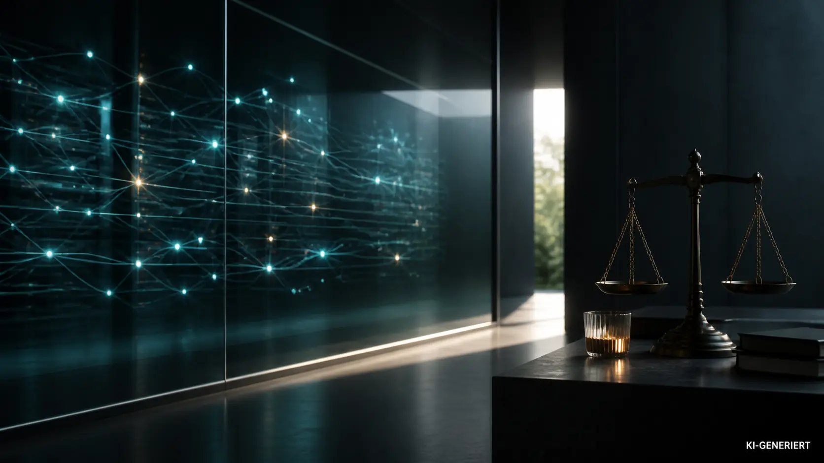 Ruhige KI-generierte Symbolszene aus verschlossenen Datenknoten, Kontrollfenster und Waage für die Reform der Nachrichtendienste.