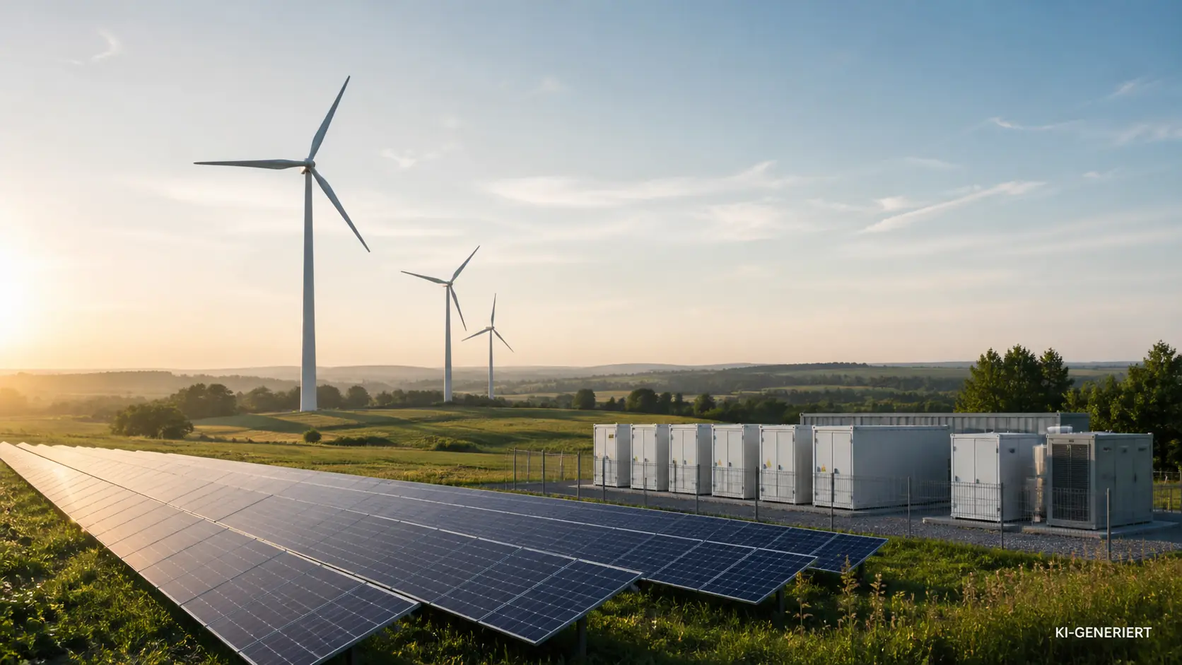 KI-GENERIERTES ruhiges Energiewende-Motiv mit Solarmodulen, Windrädern und Batteriespeicher im Morgenlicht