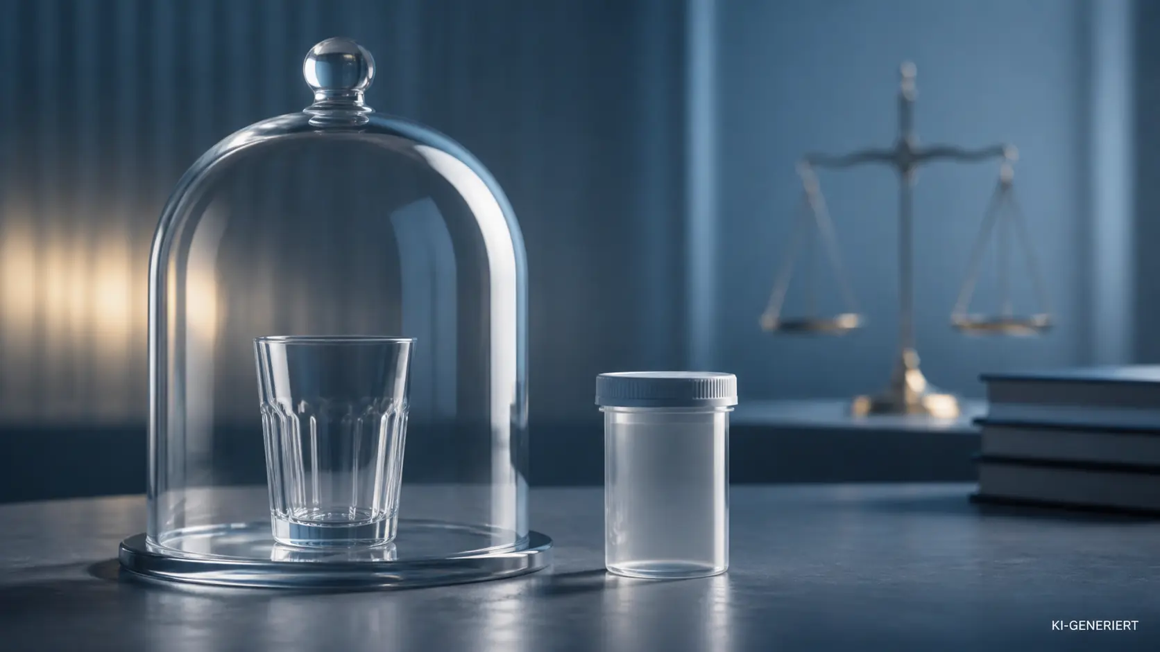 Ruhige KI-generierte Symbolszene mit geschütztem Glas, Beweissicherungsset und ausgewogener Justizwaage ohne Personen.