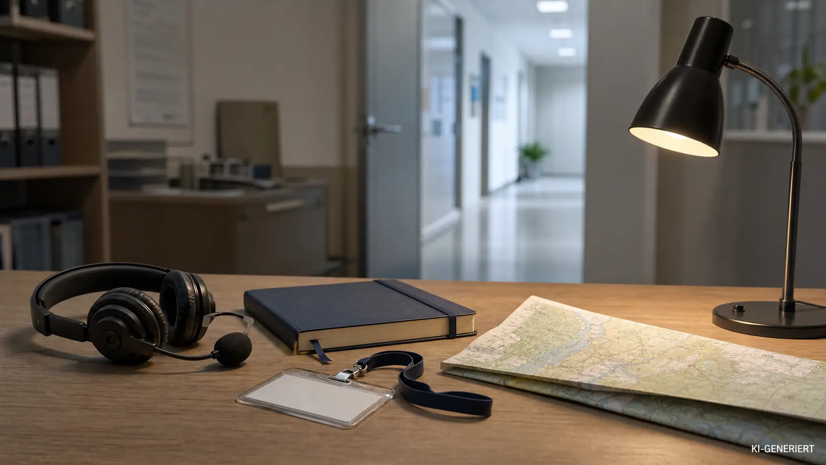 Übersetzer-Headset, Dienstausweis und Karte auf einem Schreibtisch als Symbol für lokale Mitarbeitende bei Auslandseinsätzen; KI-GENERIERT.