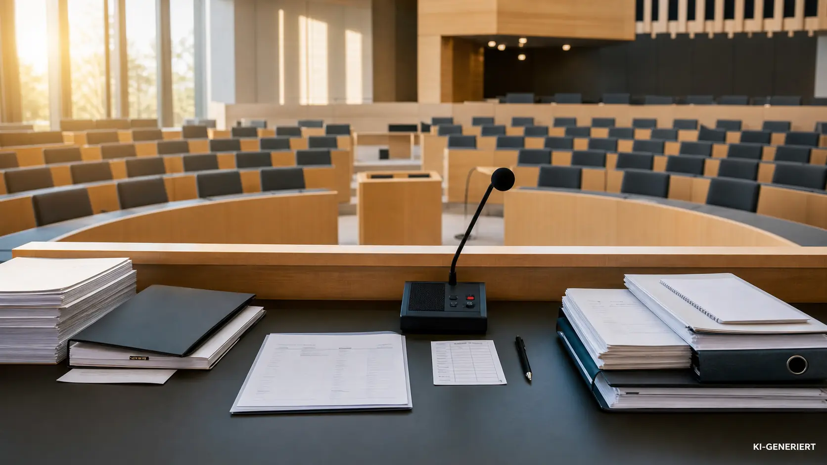 Leerer neutraler Plenarsaal mit Sitzungsunterlagen und Mikrofon als Symbol für parlamentarische Verwaltungsarbeit; KI-GENERIERT.
