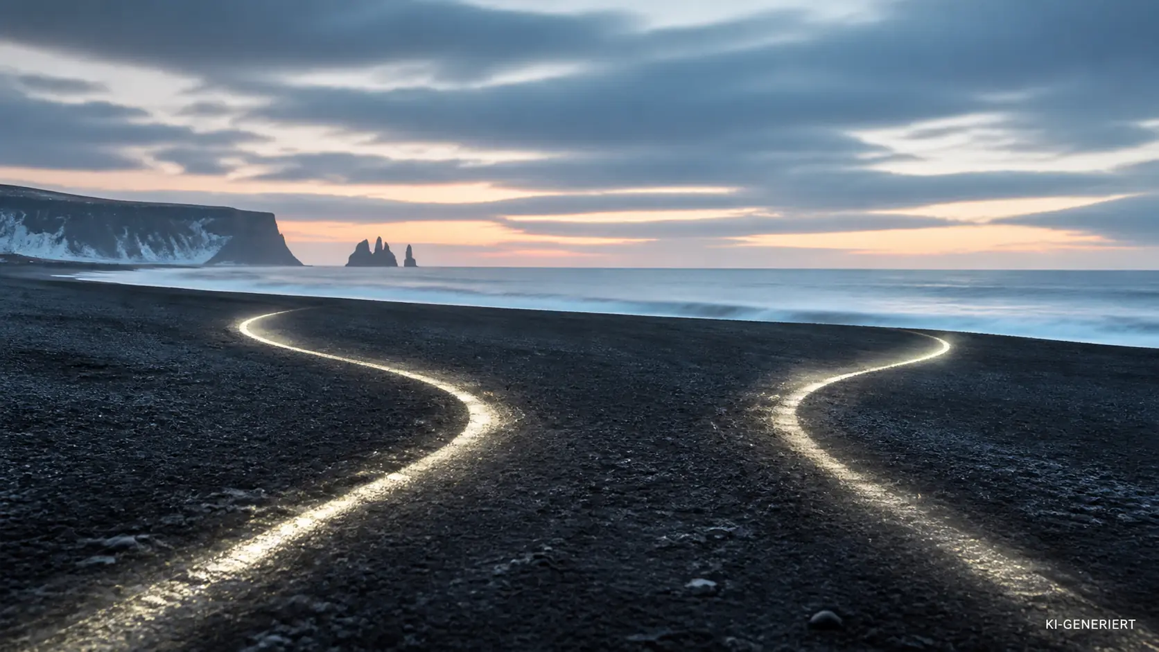 Ruhige KI-generierte isländische Küstenlandschaft mit zwei hellen Wegen auf schwarzem Sand als Symbol für die EU-Entscheidung, ohne Flaggen oder Logos.