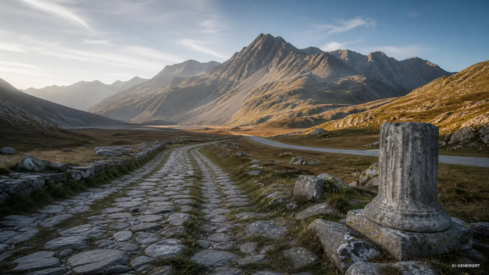 KI-generierte ruhige Alpenlandschaft mit altem gepflastertem Weg, Karrenspuren, Säulenfragment und moderner Passstraße.