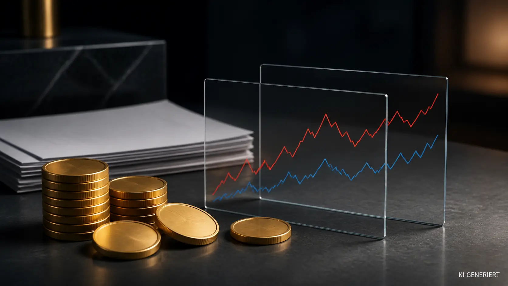 KI-generierte ruhige Finanzszene mit neutralen goldenen Scheiben, zwei transparenten Diagrammebenen und roten sowie blauen Kurslinien.