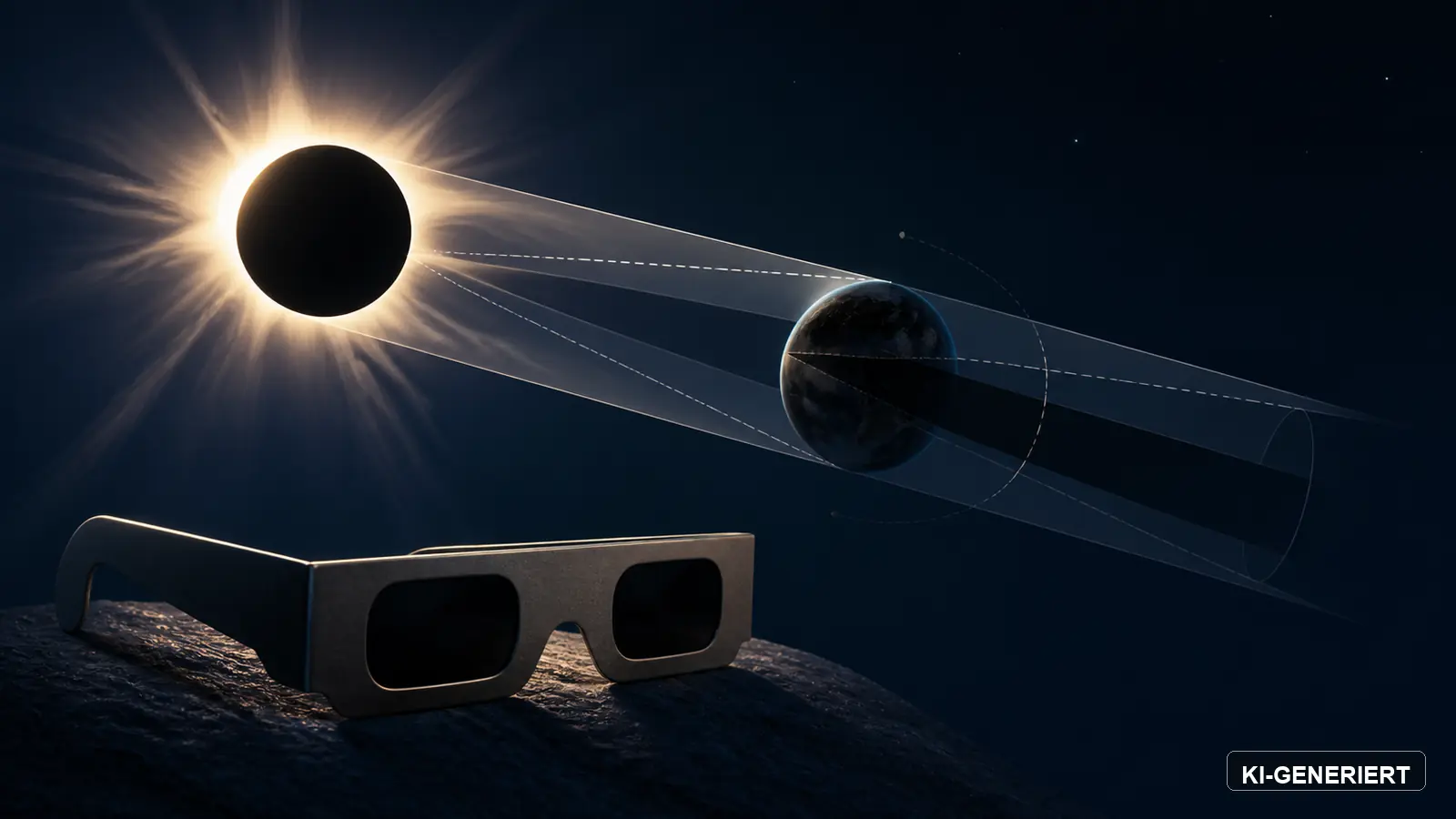 KI-generierte symbolische Sonnenfinsternis mit Korona, geometrischen Lichtwegen und neutraler Schutzbrille im Vordergrund.