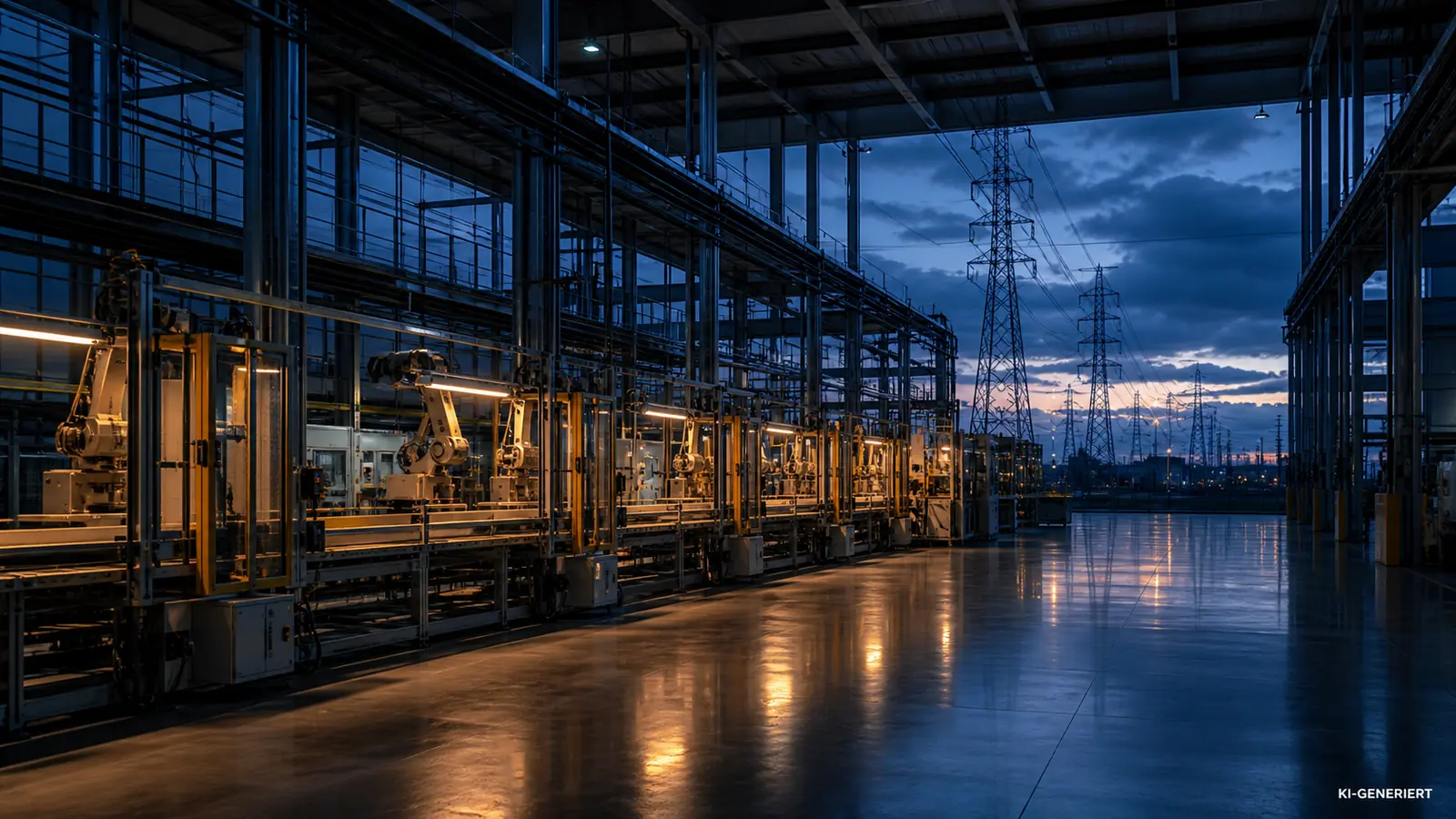 KI-generiertes Symbolbild einer stillstehenden Fabrikhalle mit Stromnetz-Lichtlinien und einem leeren Werkstor, ohne Logos oder reale Personen.