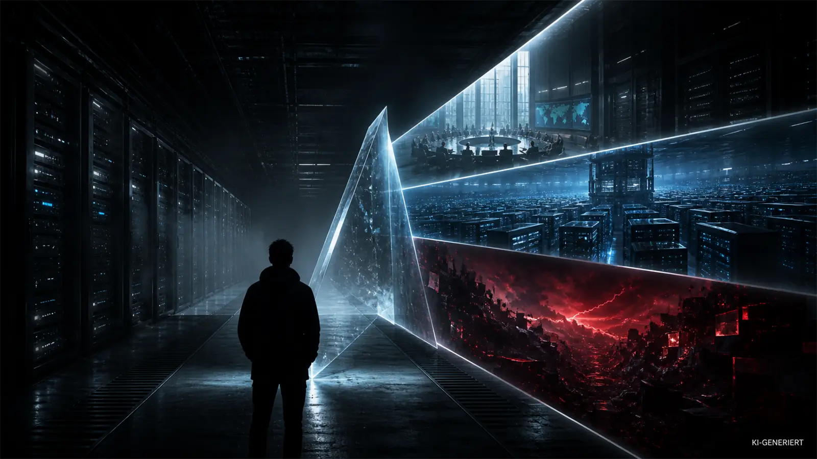 KI-generiertes Symbolbild einer anonymen Person vor einem Lichtprisma, das in demokratische Kontrolle, konzentrierte Servermacht und ein rotes Katastrophenszenario auffächert.