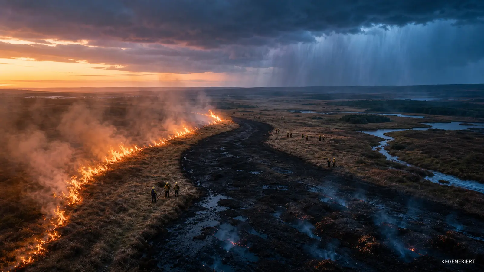 Symbolische Waldbrand-Einsatzkarte mit Feuerlinie, Regenfront und koordinierten Löschwegen
