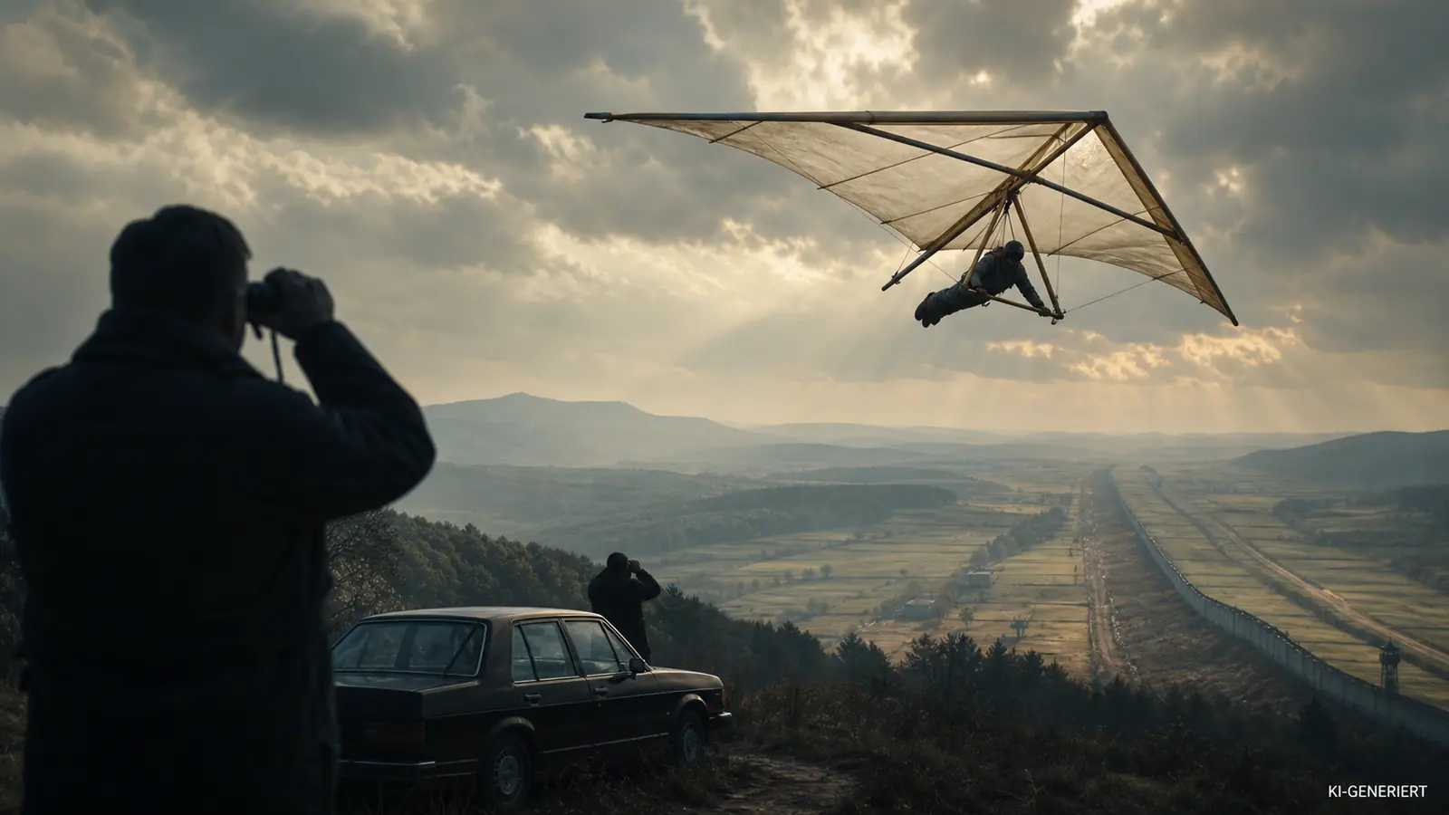 KI-generiertes historisches Symbolbild eines anonymen Drachenfliegers über einer geteilten Landschaft mit angedeuteten Beobachterschatten.