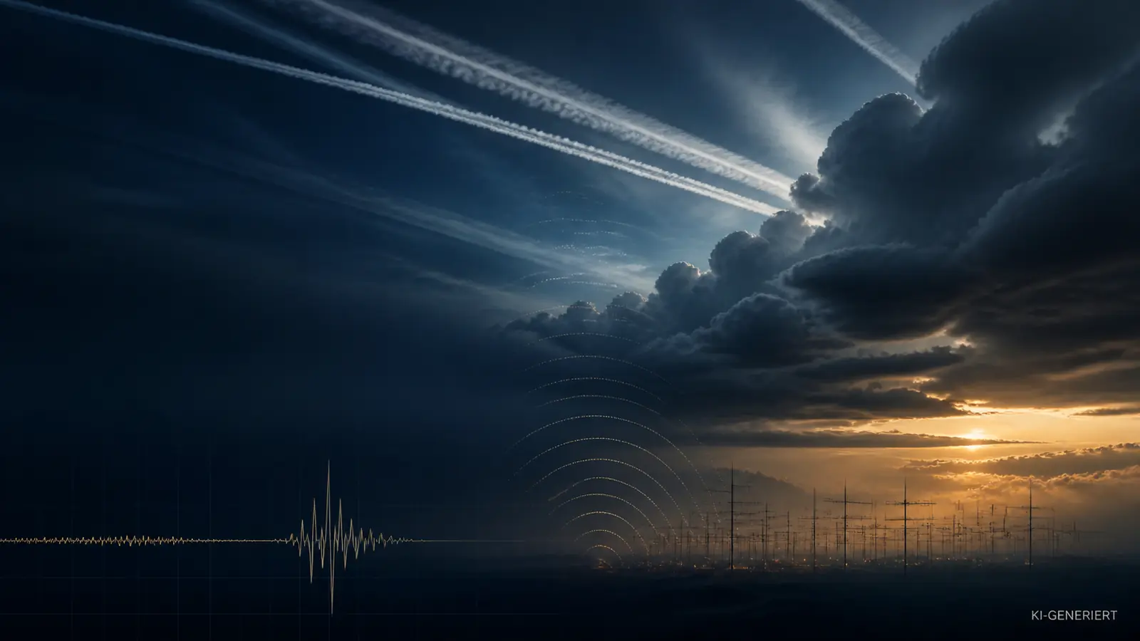 Symbolische Atmosphäre mit Kondensstreifen, Antennenwellen und seismischen Linien