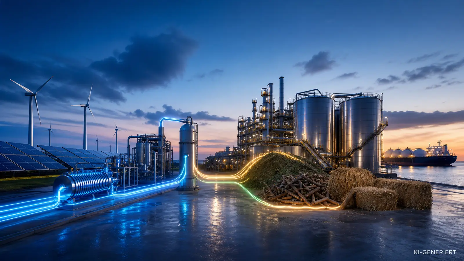 KI-generiertes Symbolbild einer Methanol-Syntheseanlage zwischen erneuerbarem Strom, Wasserstoff, Biomasseresten und Tanks