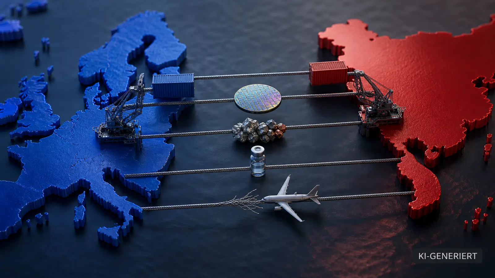 Symbolische europäisch-chinesische Lieferkette mit Containern, Mikrochips, Magneten und biologischen Produktionsstrukturen