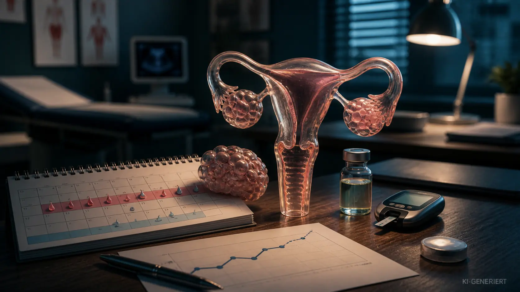 Symbolische KI-Grafik zu PMOS mit Hormonkurve, Zyklus und Stoffwechsel