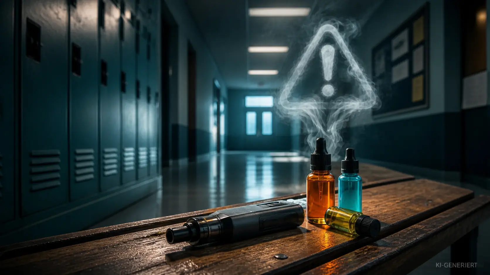 Symbolische KI-Grafik mit Vape, Warnsymbol und Schule ohne Konsumanleitung