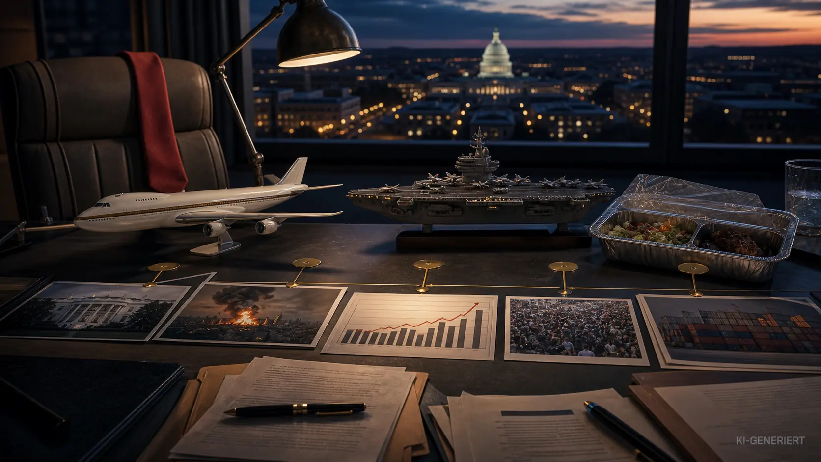 Symbolische KI-Grafik mit Präsidentenflugzeug, Catering-Fahrzeug und Flugzeugträger