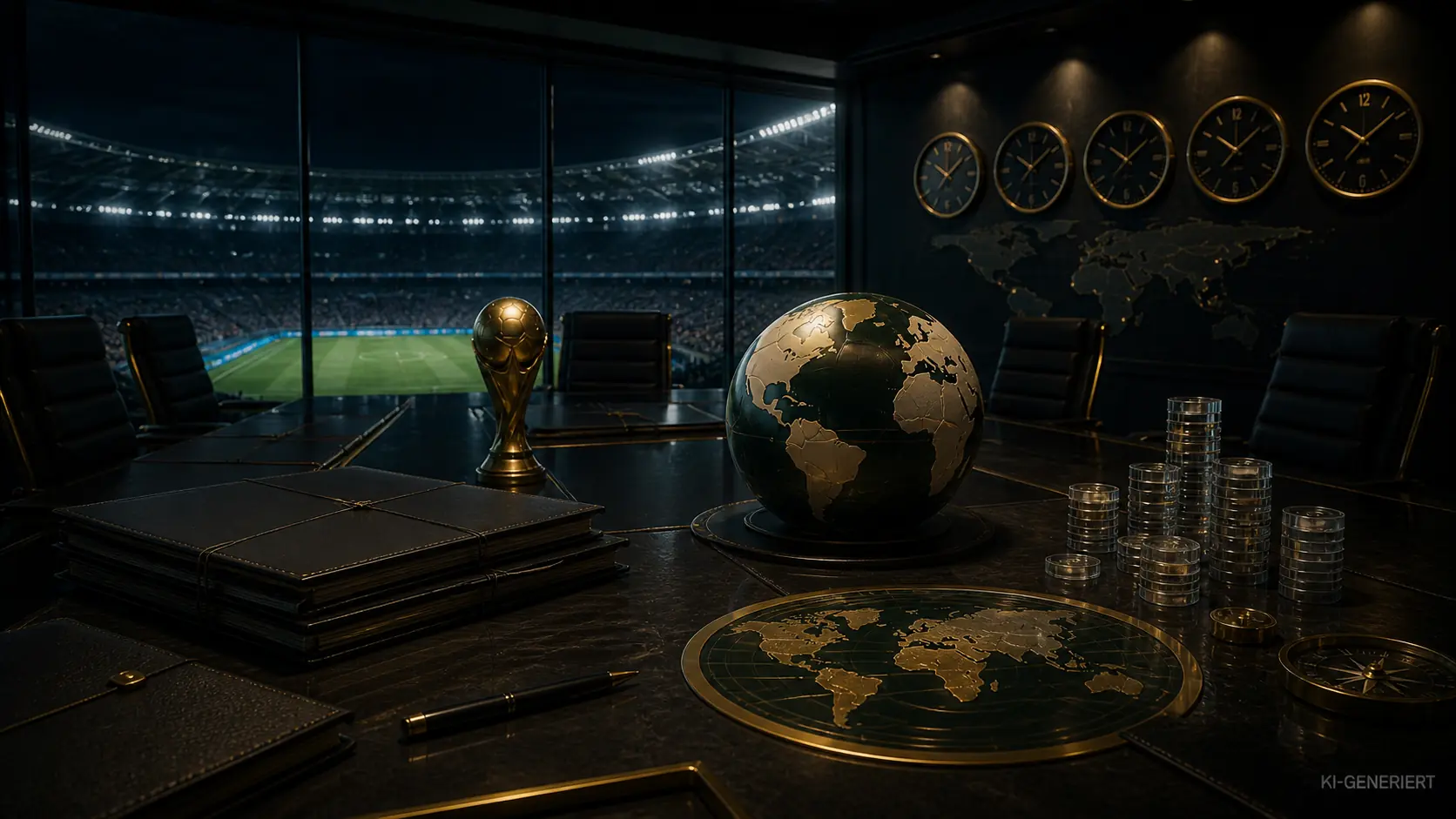 Symbolische KI-Grafik mit Fußball, Weltkarte, Wahlurne und Kontrolllupe