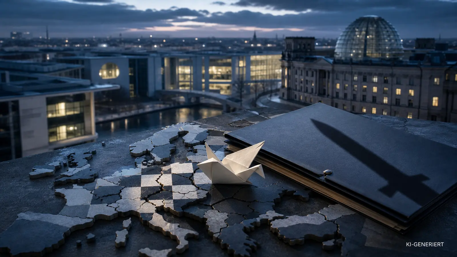 Symbolische Abendansicht Berlins mit Europakarte, Papierboot, Aktenmappe und Raketenschatten.