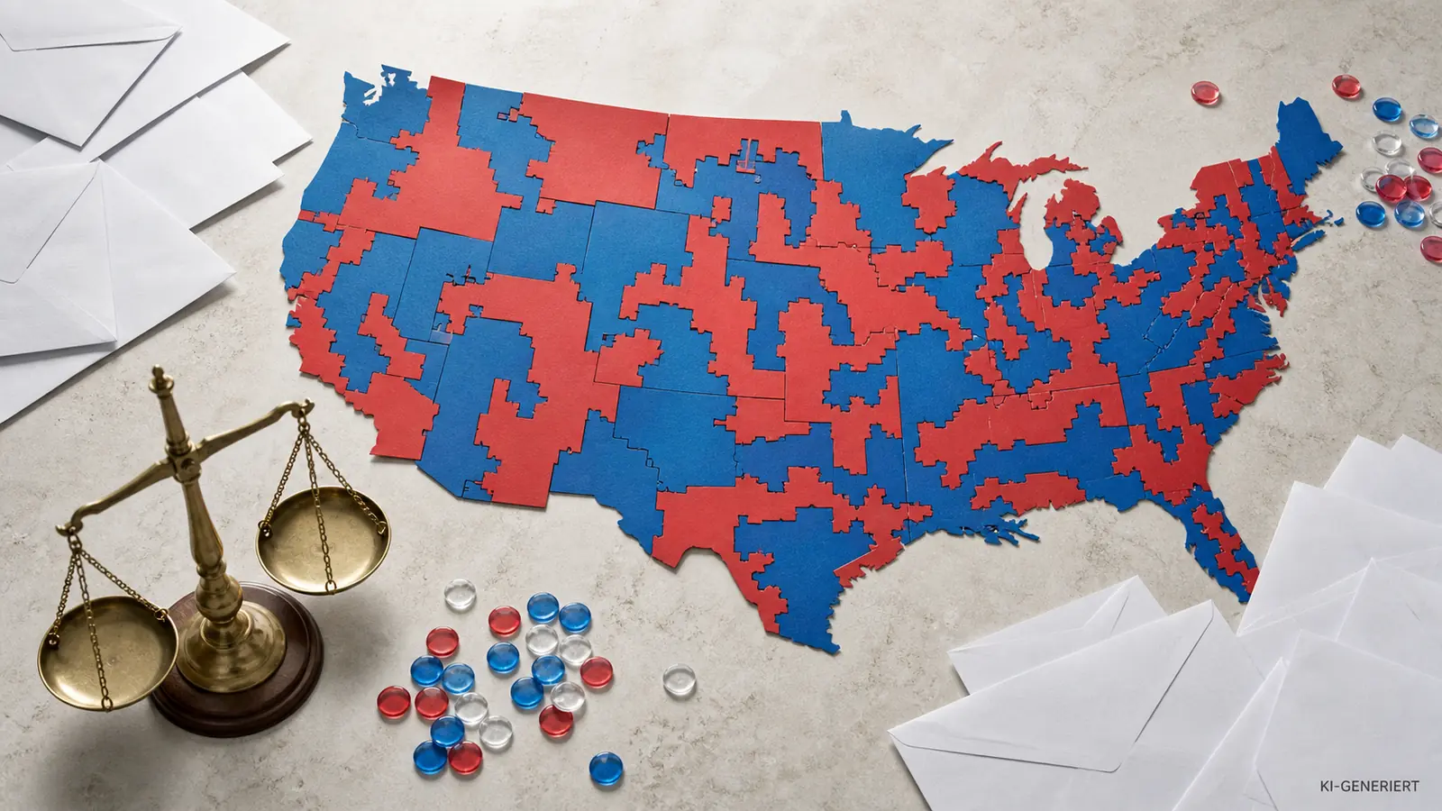 Abstrahierte rot-blaue USA-Wahlkreiskarte mit Briefwahlumschlägen und Waage.