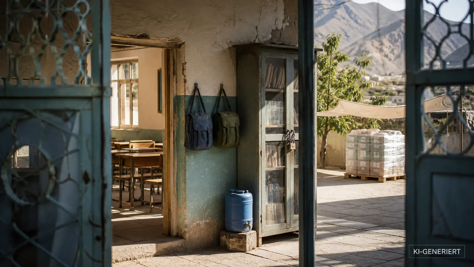 Leerer, sonnenbeschienener Klassenraum in Afghanistan mit Schulranzen und Hilfsgütern.
