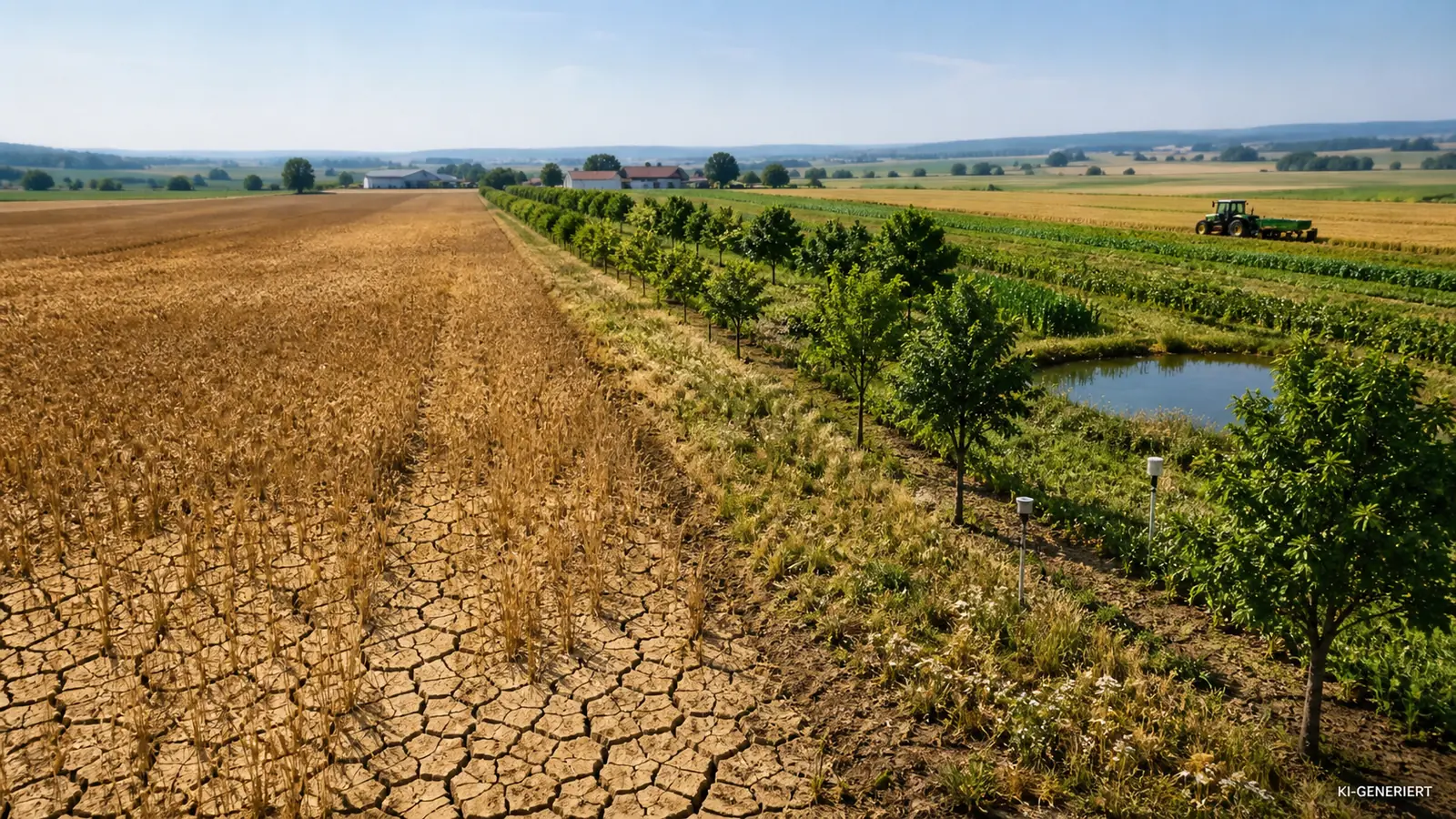 Geteilte Agrarlandschaft mit trockenem Feld, Baumreihen, Wasserspeicher und Sensorik.