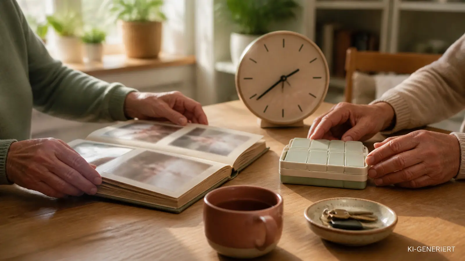 Zwei Menschen betrachten an einem warmen Küchentisch ein Fotoalbum neben Uhr und Medikamentenbox.