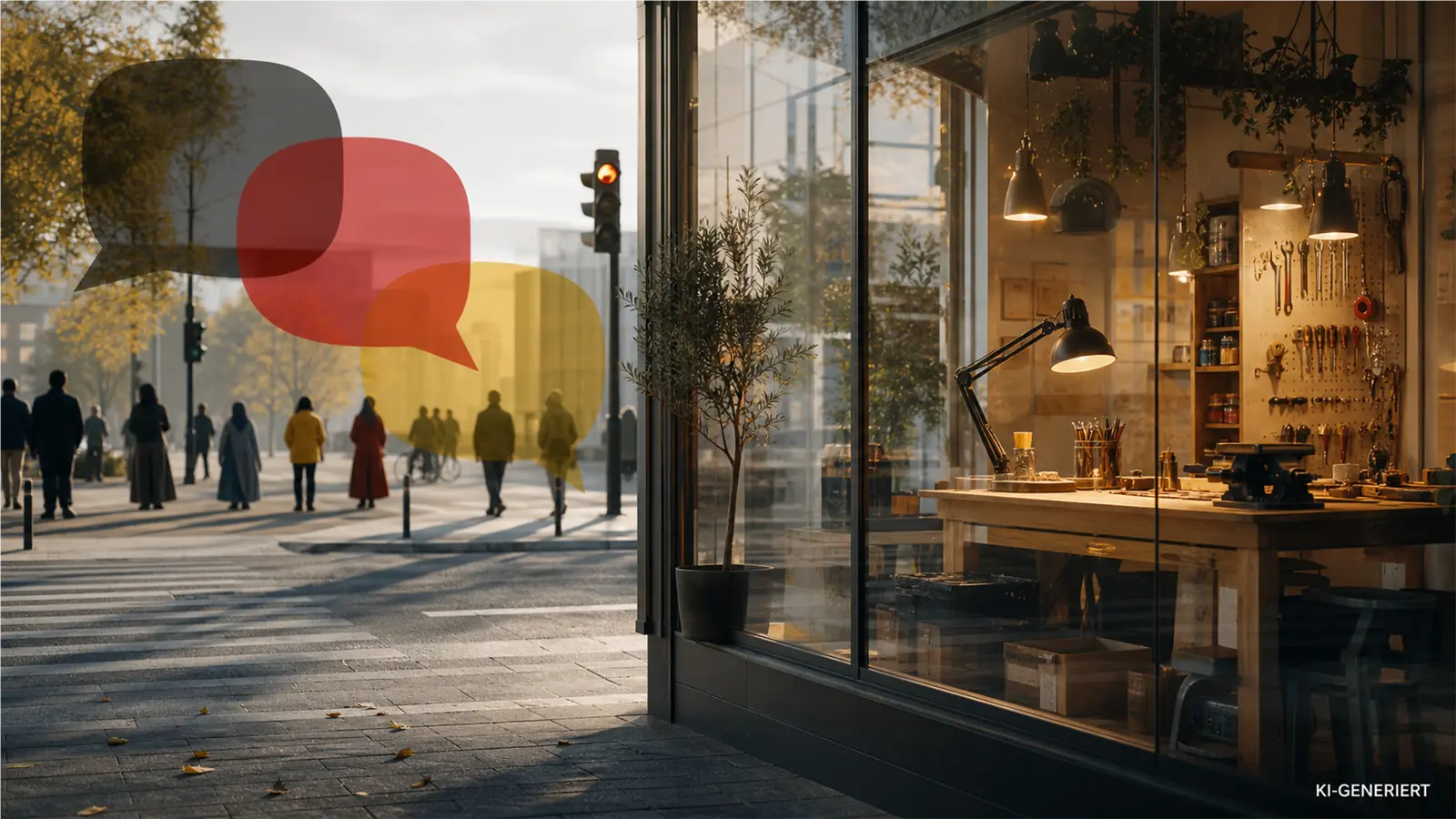 Offene Werkstatt hinter einer Glasfront, davor ein öffentlicher Platz mit abstrakten Sprechformen und anonymen Silhouetten.