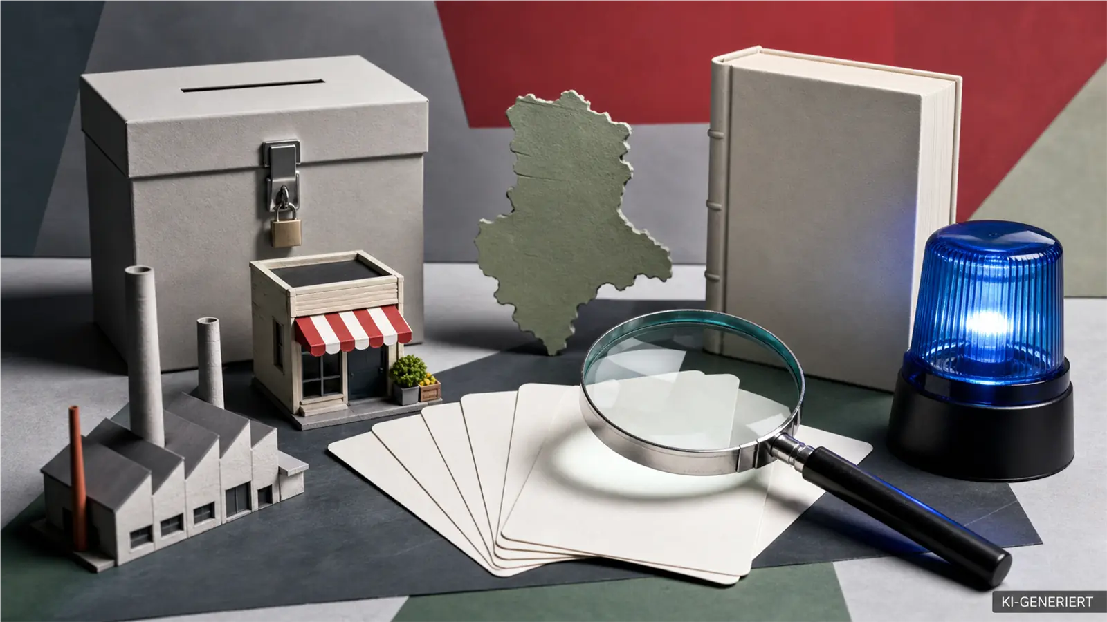 Neutrale Wahlurne, Sachsen-Anhalt-Silhouette, Gesetzbuch, Fabrik, Ladenmodell, Blaulicht und Lupe über Aussagekarten.