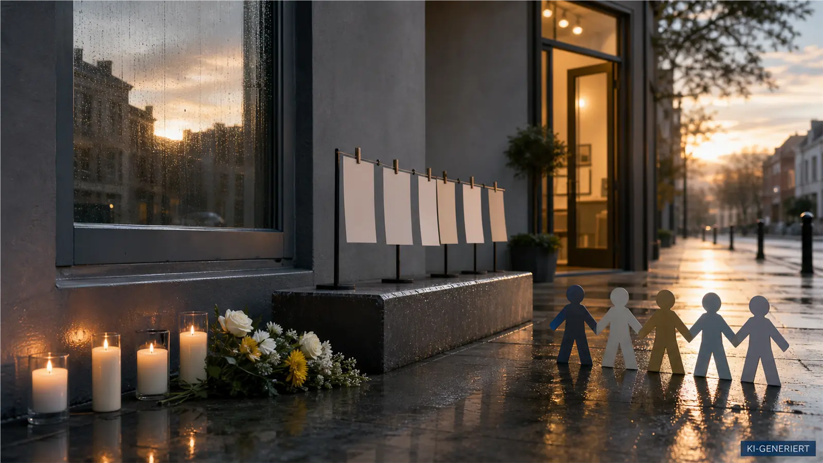 Kerzen und Blumen vor einem reparierten Fenster, leere Ereigniskarten, offene Beratungsstelle und verbundene Papierfiguren.