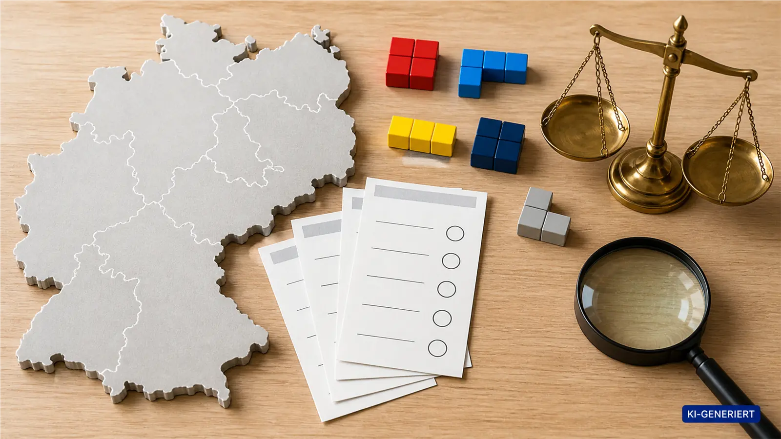 Helle Draufsicht auf Deutschlandkarte, neutrale Stimmzettel, Koalitionsbausteine, Waage und Lupe.