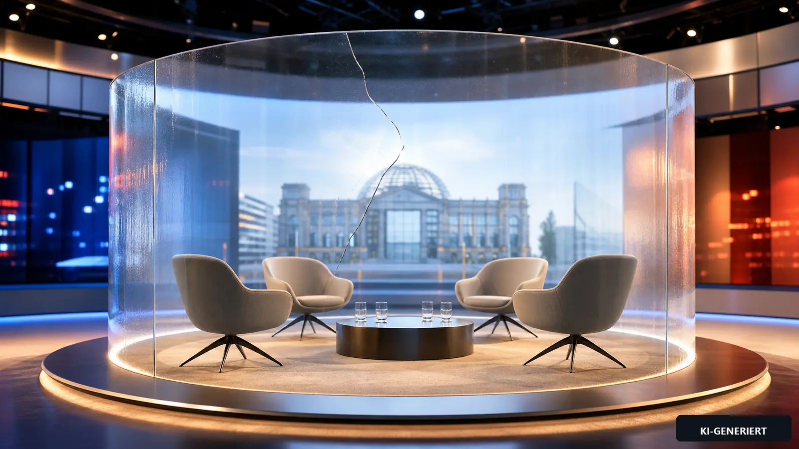 Helles symbolisches Fernsehstudio mit vier leeren Gesprächssesseln hinter einer gläsernen, leicht gerissenen Brandmauer.