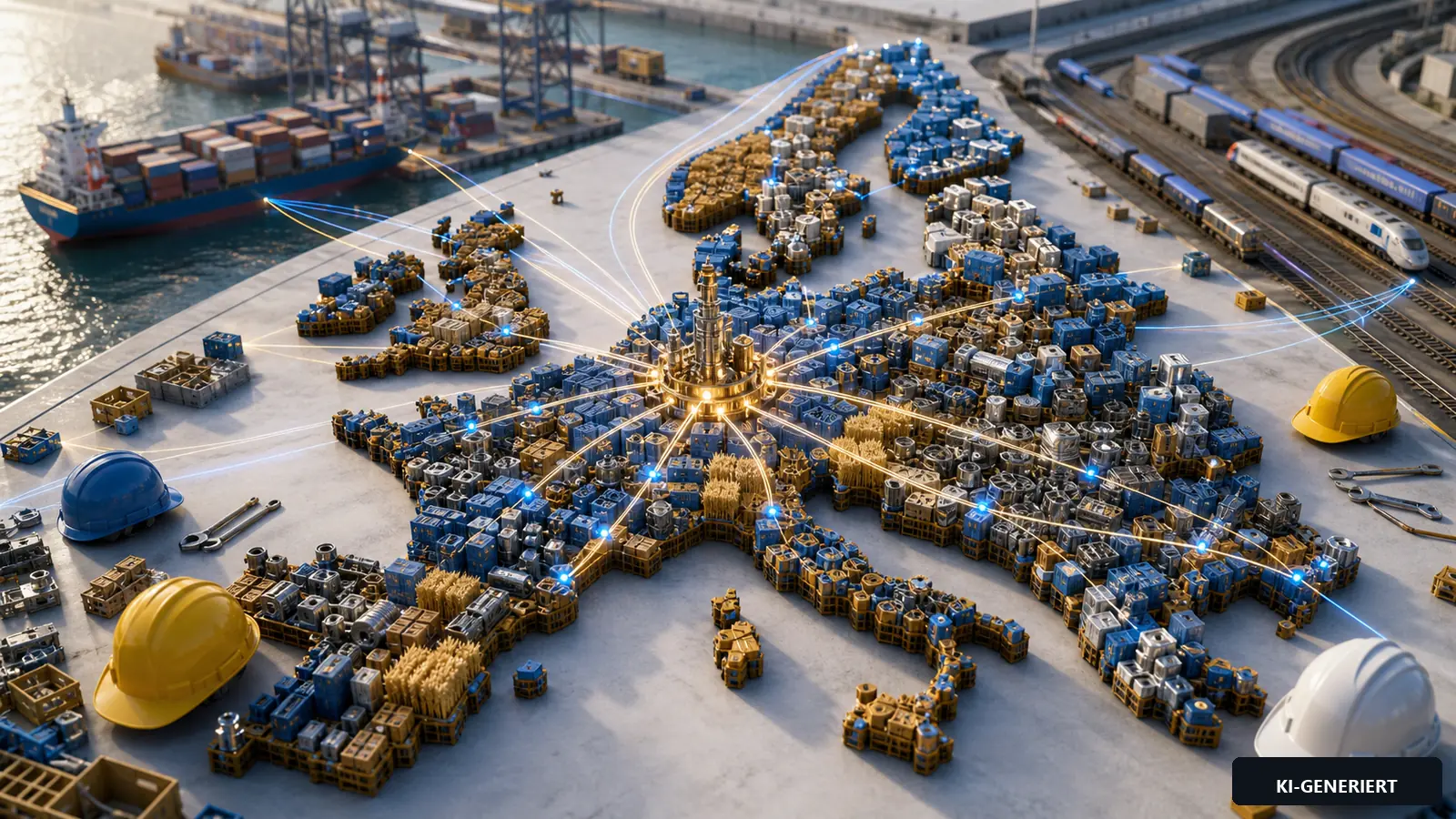 Helle Miniatur-Europakarte aus Waren, Maschinenbauteilen und vernetzten Transportwegen mit Arbeitshelmen im Vordergrund.