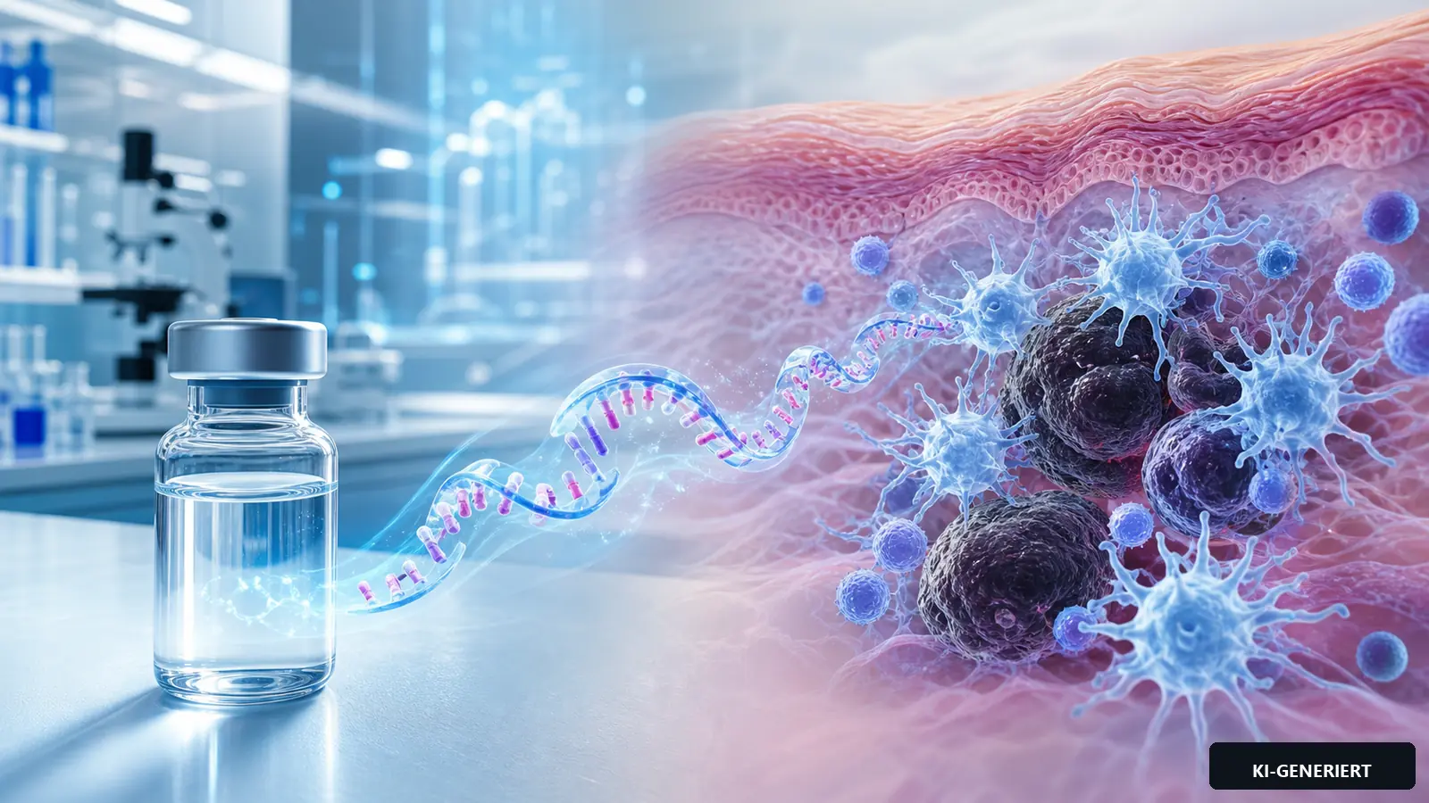 Wissenschaftliche Symbolgrafik mit neutralem Impfstofffläschchen, mRNA-Strang, Hautquerschnitt, Immun- und Melanomzellen.