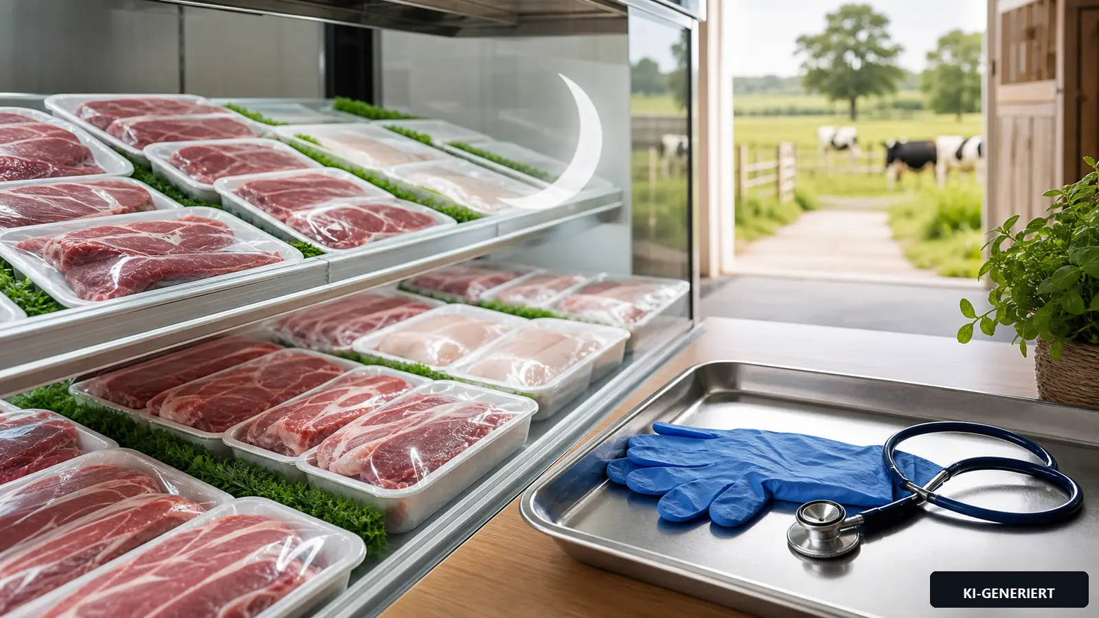 Helle symbolische Supermarktszene mit neutral verpacktem Fleisch, tierärztlichem Prüftablett und Blick auf einen Rinderhof.