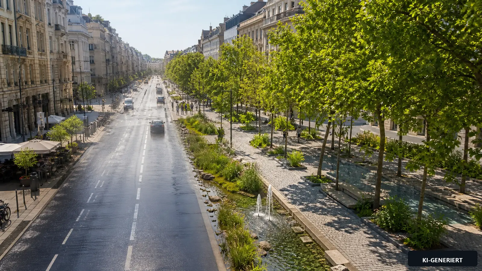 Sonniger Stadtplatz im Querschnitt mit heißem Asphalt, schattigen Bäumen, Wasserflächen und entsiegelten Bereichen.