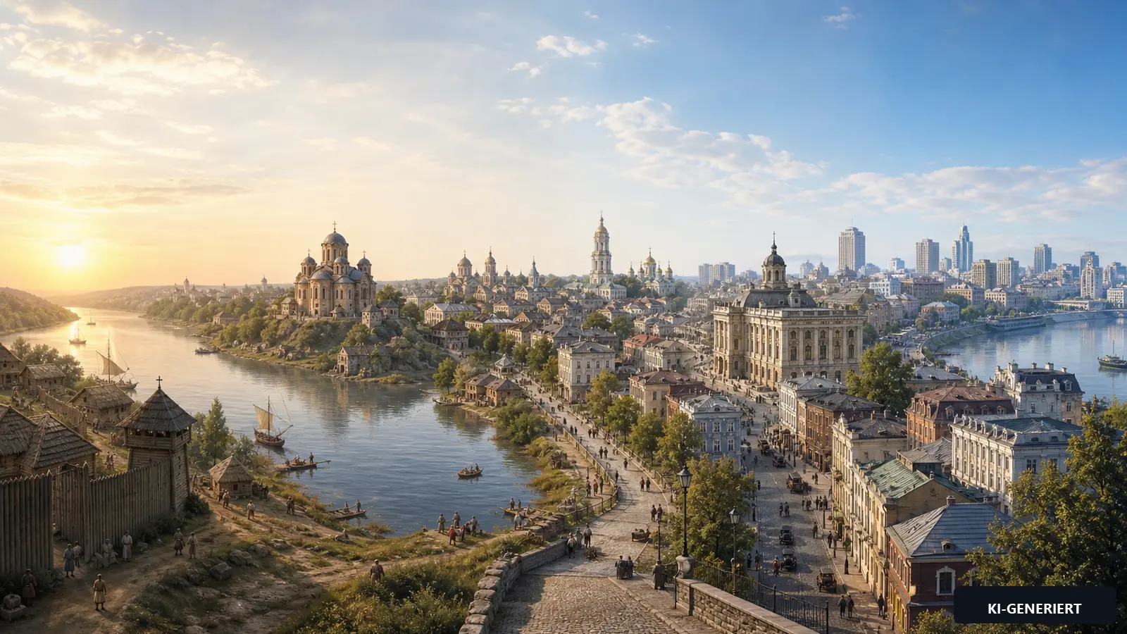 Helles Panorama von Kyjiw am Dnipro mit symbolisch ineinander übergehenden historischen Zeitebenen.