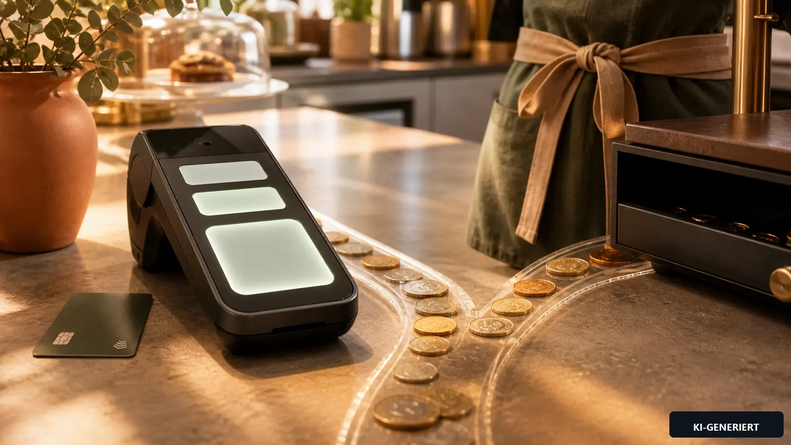 Helles Café mit Kartenterminal, Trinkgeld-Auswahl und symbolischem Weg der Zahlung zum Servicepersonal.