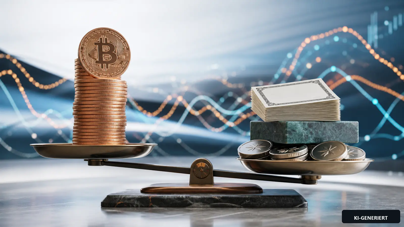 Helle symbolische Waage mit Bitcoin-Stapel, Schuldtiteln, Bargeld und sichtbaren Volatilitätskurven.