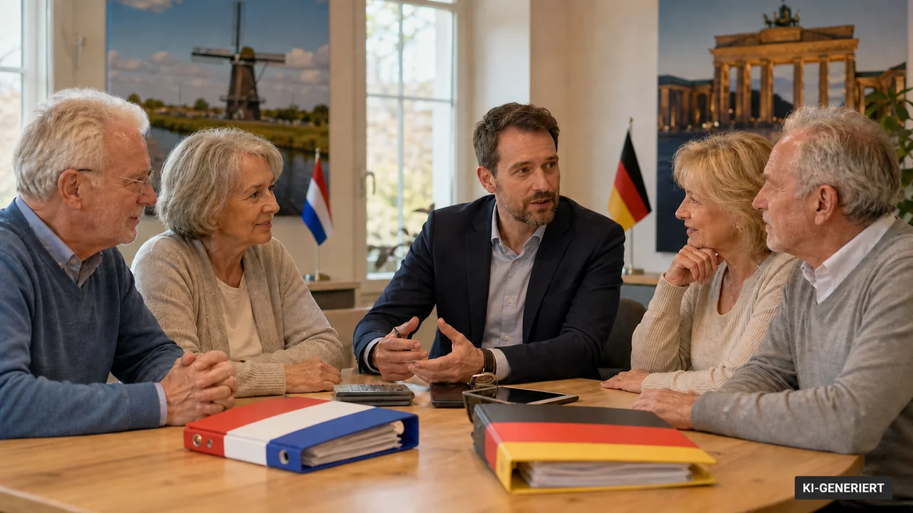 Niederländische und deutsche Rentner vergleichen ihre Alterssicherung mit einem Berater.