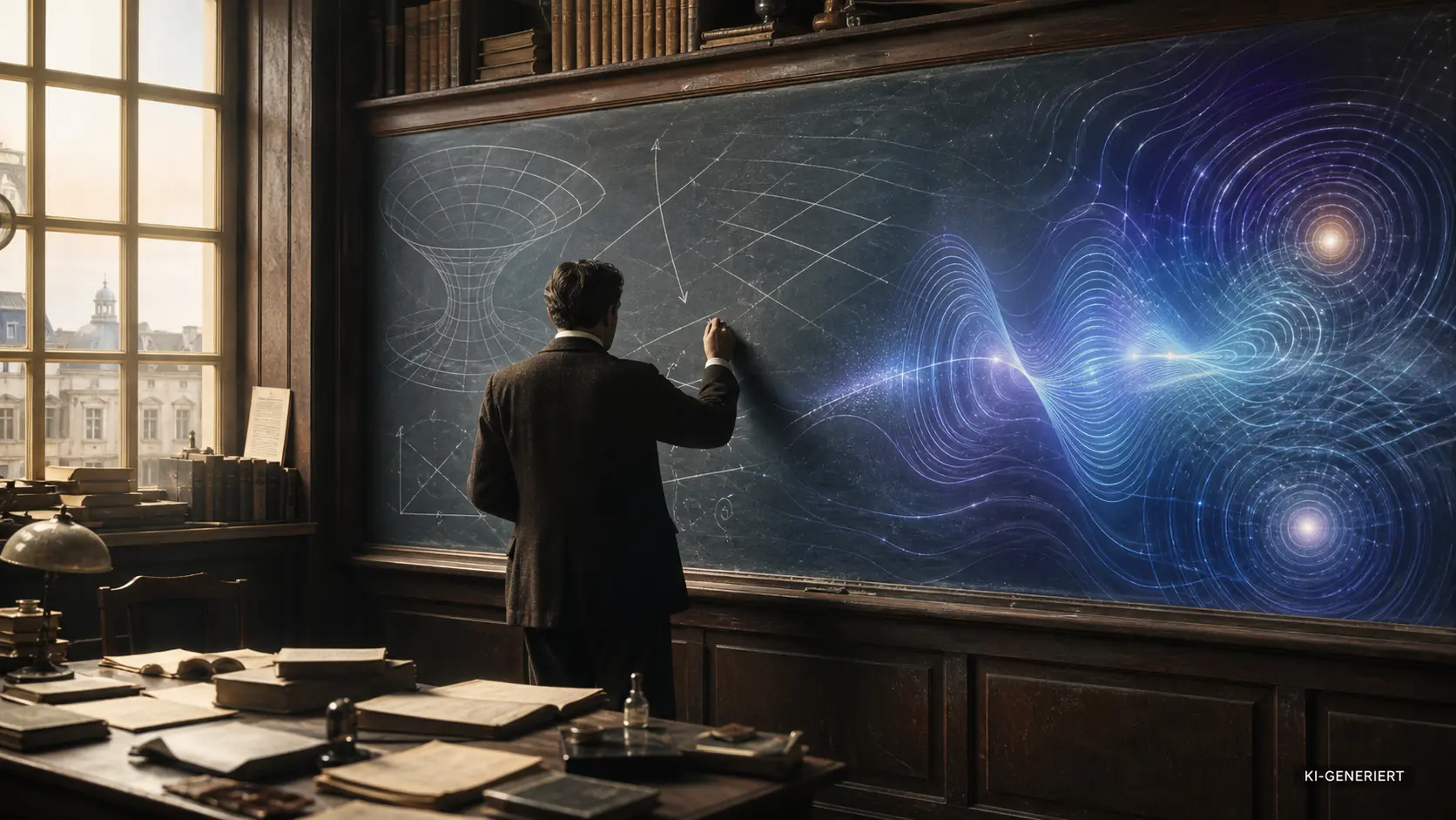Ein Mathematiker arbeitet an einer Tafel, auf der klassische Geometrie in abstrakte Quantenwellen übergeht.