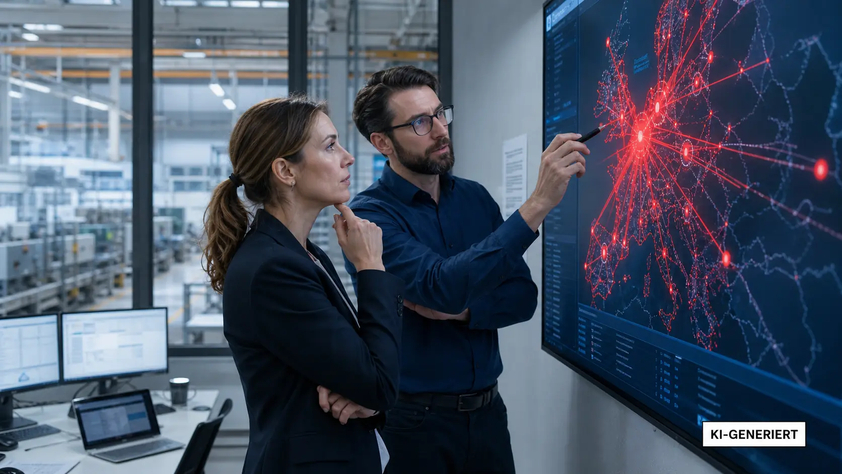 Eine Unternehmensmanagerin und ein IT-Sicherheitsexperte analysieren in einer Fabrik digitale Angriffswege.