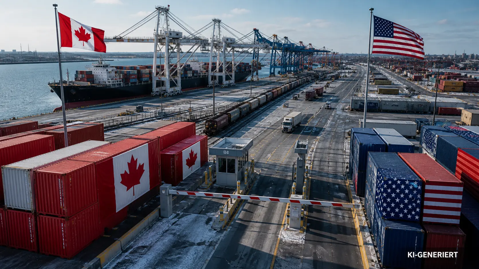 Container, Schiffe und Zollschranken in einem Hafen symbolisieren den Handelskonflikt zwischen Kanada und den USA.